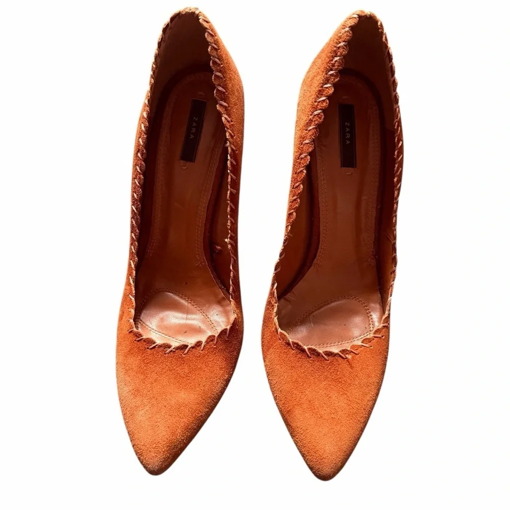 Zara Basic Brown Suede Stiletto 4.5” Heels Size 40 - Picture 2 of 6